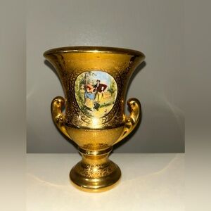 Hand Painted Vintage Osborne China 22k Gold Vase W/Victorian Scene
